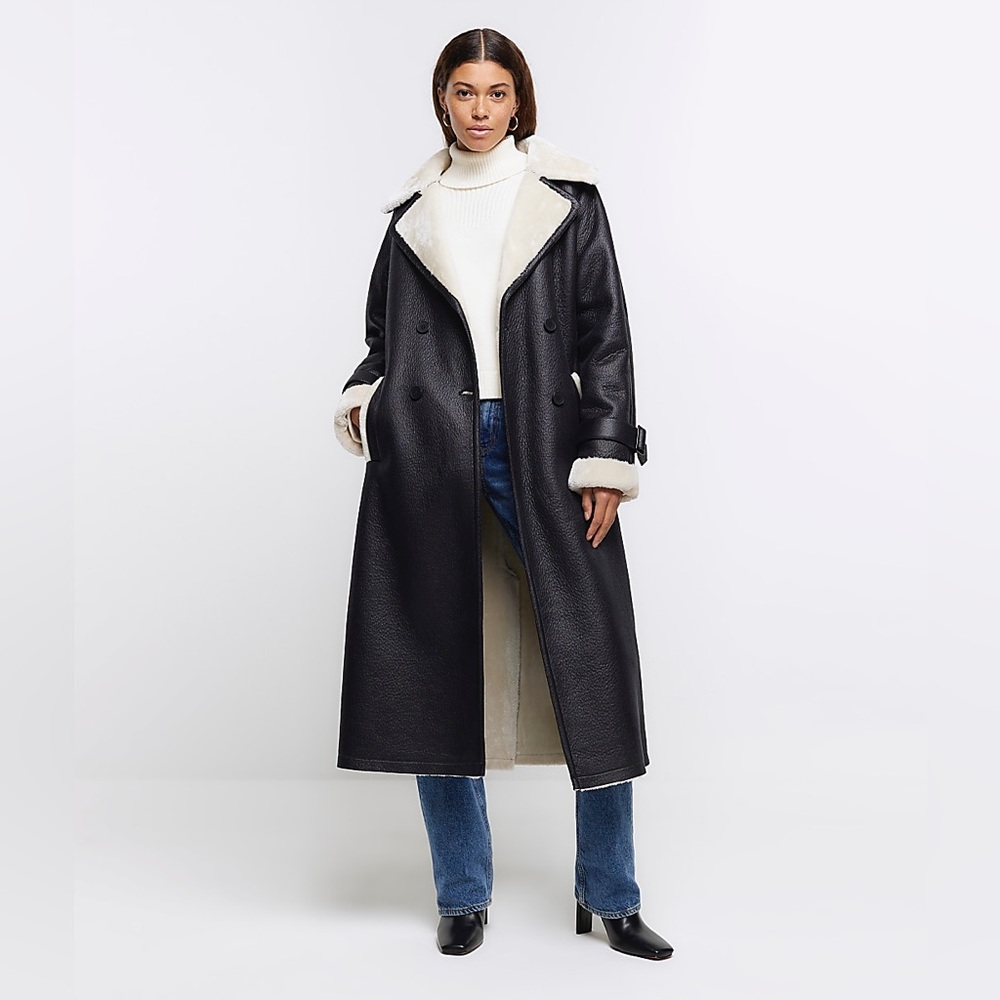 River Island Black Belted Shearling Trench Coat Sz US 14 Jacket